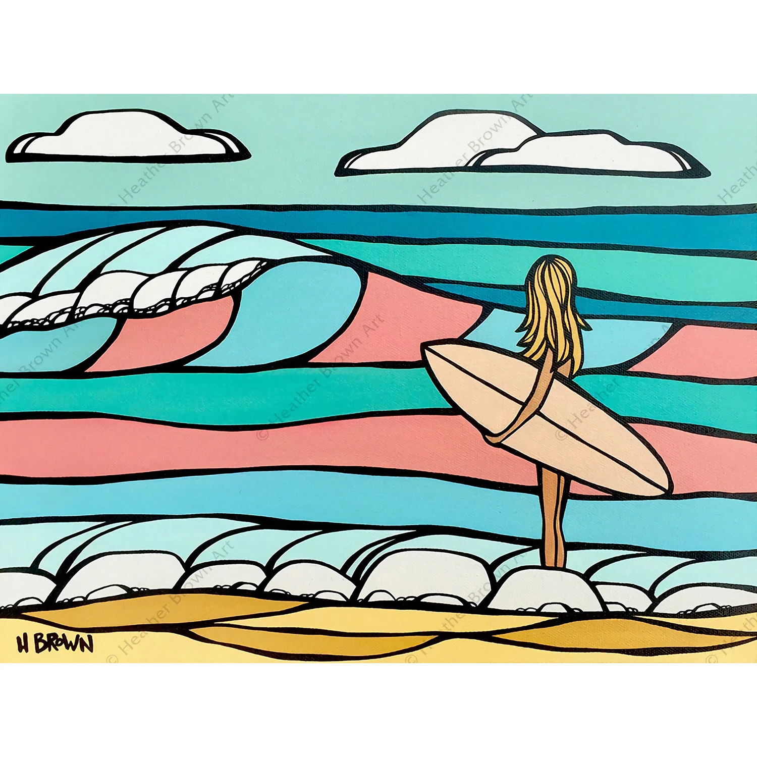 題材風景画ヘザーブラウン　HeatherBrown　絵画　フレーム付き　サーフボード　海