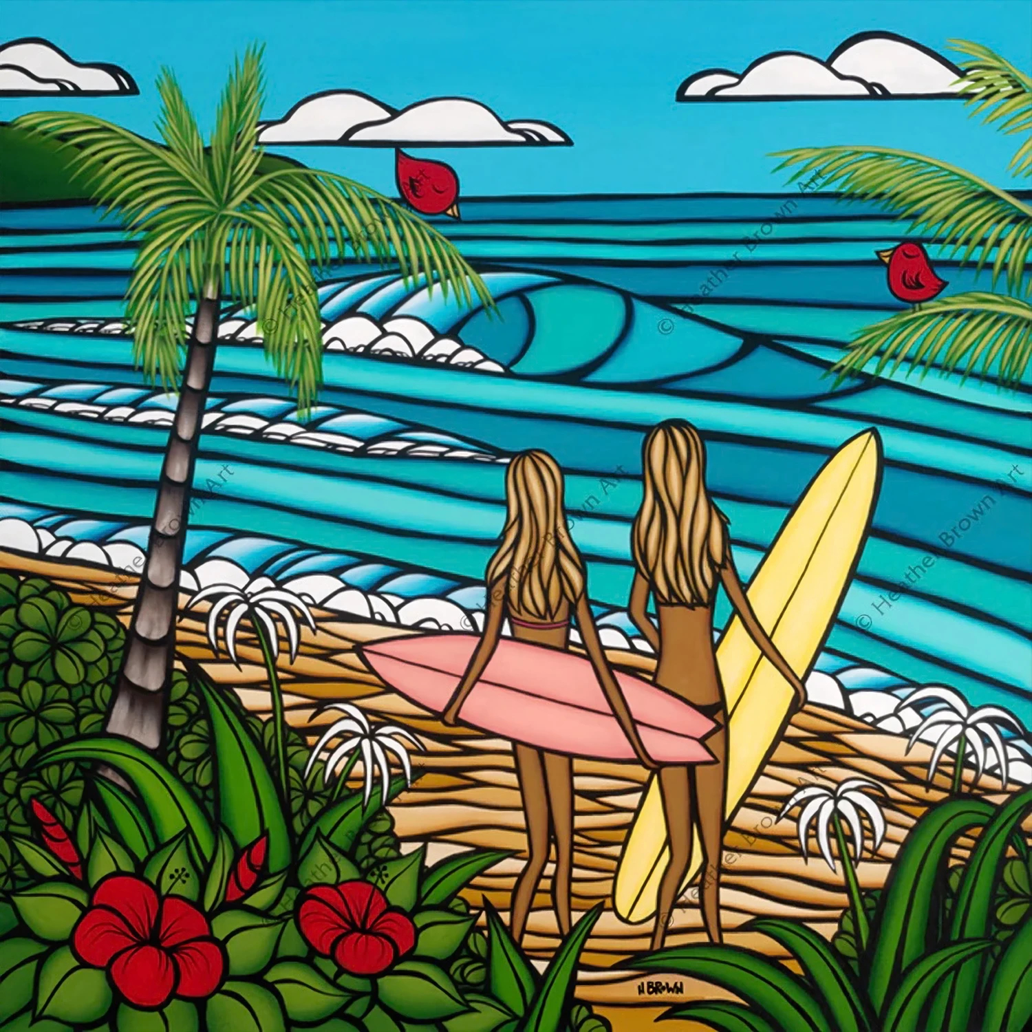 題材風景画ヘザーブラウン　HeatherBrown　絵画　フレーム付き　サーフボード　海